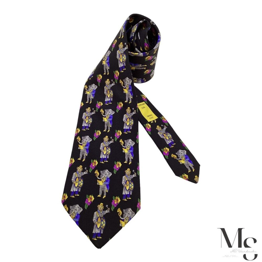 LEONARD PARIS Dessin N 097 Black Floral & Animal Orchestra Silk Tie W:3.75" E.C